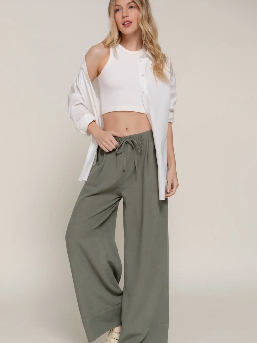 Active USA Olive Wide Leg Drawstring Pants